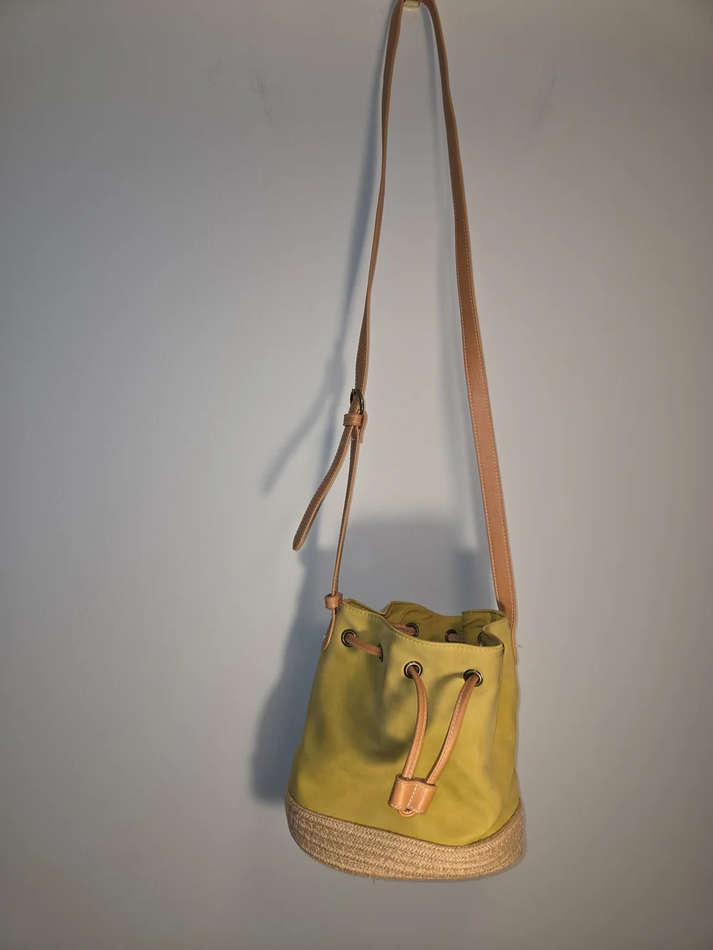 Universal Thread Olive Green Suede Drawstring Bucket Bag with Tan Strap